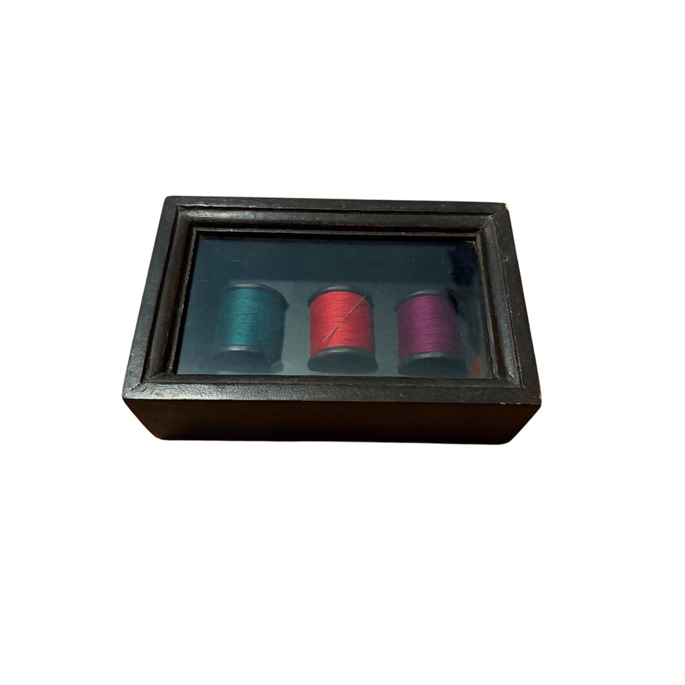Vintage Shadow Box Wall Decor Sewing Thread Spools Dark Wood Frame Rustic Craft